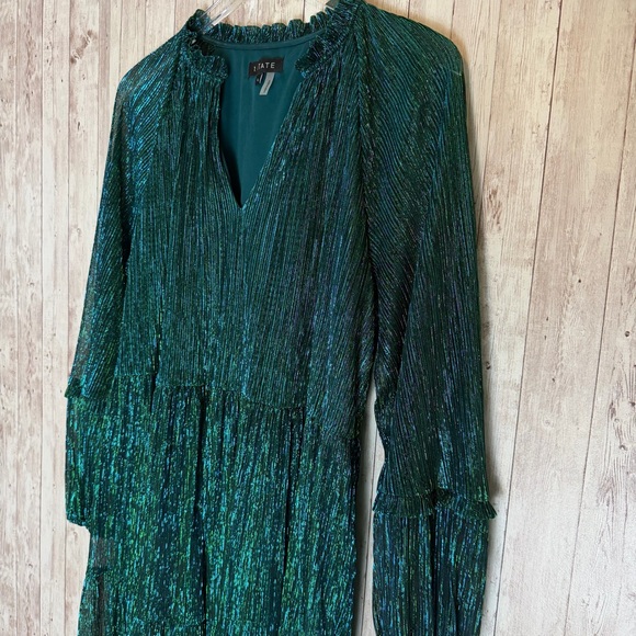 1. State Green Metallic Tiered Long Sleeve Shift Party Dress - Picture 5 of 8